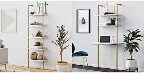Nathan James Theo 5-Shelf Modern Bookcase, Open Wall Mount Ladder Bookshelf, White/Gold & Theo 2-Shelf Industrial Wall Mount Ladder Small Computer or Writing Desk, White/Gold Brass