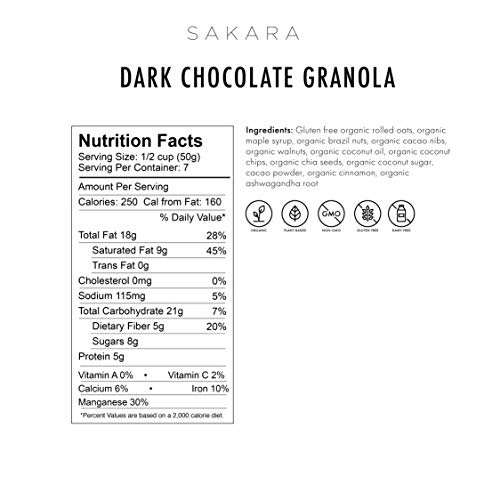 Sakara Dark Chocolate Superfood Granola with Brazil Nuts and Ashwagandha, 11.5oz bag