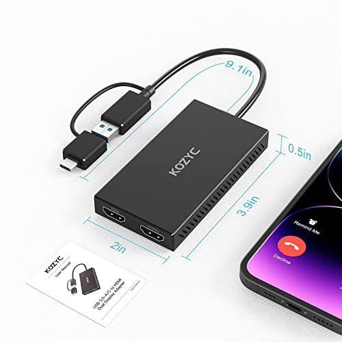 Kozyc Usb 3.0 To Dual Hdmi Adapter Display, Usb 3.0-A/C To Hdmi Splitter To Extend Monitors 4K 30Hz + 1080P 60Hz, Multiple Display Adapter Support Windows, Mac Os For Pc, Laptop, Monitor, Hdtv #TOP6