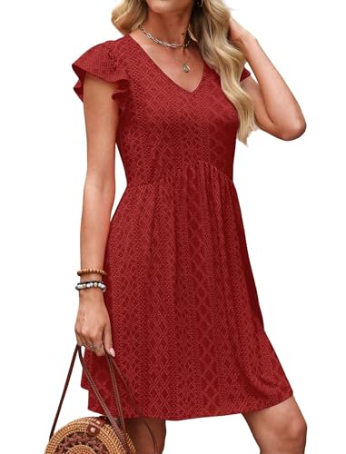 Image of OFEEFAN Summer Dresses for Women Beach Vacation Clothes V Neck Ruffle Sleeve Babydoll Dress Elegant Classy Sundress