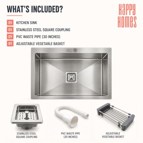 Image of HAPPY HOMES HAPPY HOMES 24x18x10 Inch Kitchen Sink 100% Stamped 304 Grade Stainless Steel with Nanocoated Undercoating, Sound Dampening |Square Coupling and Metal Fruit Basket | 25 Years Warranty