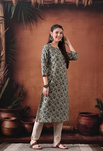Image of Ichaa Women's Pure Cotton A-Line Katha-Work Ethnic Round-Neck Kurta with 3 /4th Sleeve for Daily and Office Wear, in Plus Sizes