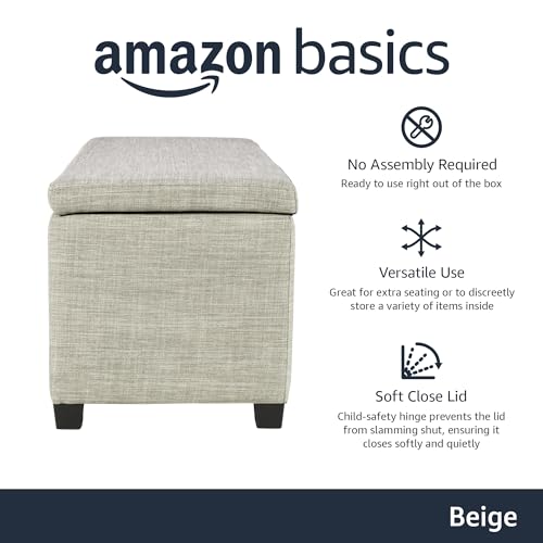 Image of Amazon Basics Upholstered Storage Ottoman Bench with Soft Close Lid, Child-Safety Hinge, No Assembly Required, 35.5 inchW x 16.5 inchD x 17 inchH, Beige