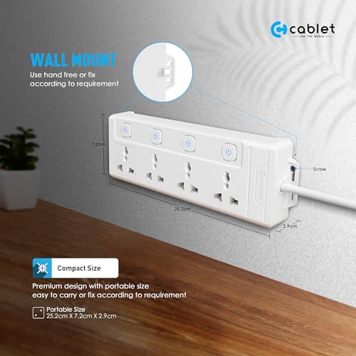 Image of Cablet Extension Board 15 Meter Cable | 2500W 10A | 4 Universal Multi Plug Socket with Individual Switches | 15 Meter Heavy Duty Cord | LED Indicator, Power Strip & Spike Guard for Home & Office Use