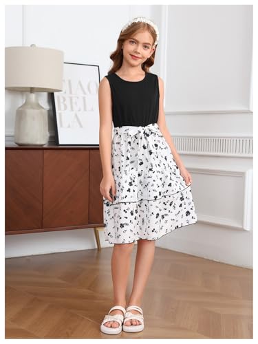 OYOANGLE Girl's Boho Floral Print Tank Dress Bow Belted Layered Ruffle Hem A Line Midi Dresses3
