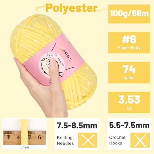 Image of Katech Sparkle Chenille Yarn for Crocheting-6 * 50g /1.76oz-6 Super Bulky