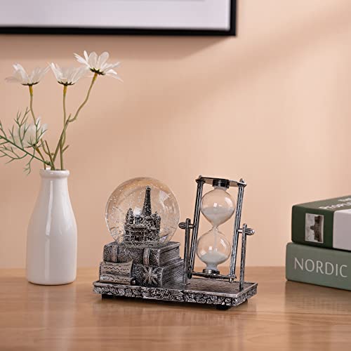 Antique Snow Globe With Hourglass Timer Led Musical Crystal Snow Globe Music Box Collectibles Sand Clock Timer For Fireplace Mantel Home Decorations Silver Castle #TOP2
