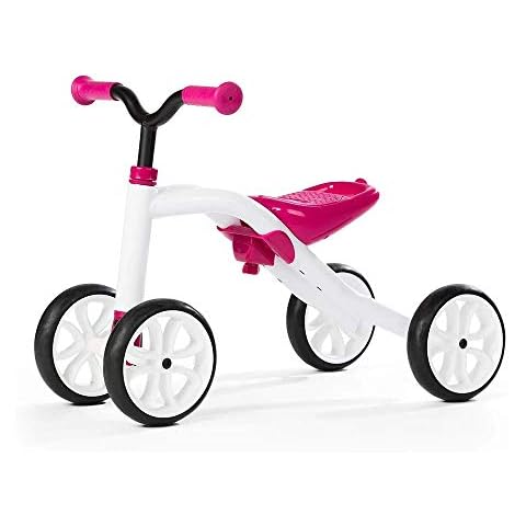 Chillafish Quadie: Stable 4-wheel “Grow-with-Me” Ride-On, 3 Seat Positions with Cookie Storage in the Seat, Silent Non-Marking Wheels and Customization Stickers, Ages 1-3, Pink Cover
