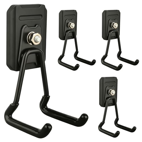 Image of Heavy Duty Magnetic Garage Hooks, 4 Pack Rubber Coated Strong Magnet Hooks for Power Drills, Garden Tools, Ropes, Magnetic Storage Hooks for Workshop and Garage Organization (Black)