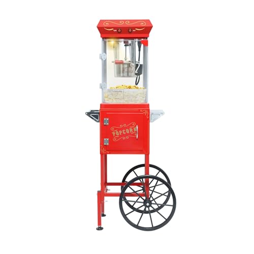 Image of 8 oz Popcorn Machine with Cart - Vintage Movie Theater Style Popcorn Maker for Home, Parties & Concession Stand, Yields 32 Cups per Batch, Red