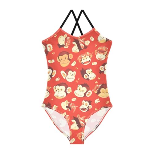 KLL Monkey Red Girls 1-Piece Bathing Suit Summer Swimming Suits with Adjustable Straps Quick Dry