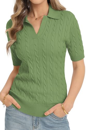Image of QUALFORT Cable Knit Women's Short Sleeve Sweater Soft V Neck Polo Tops