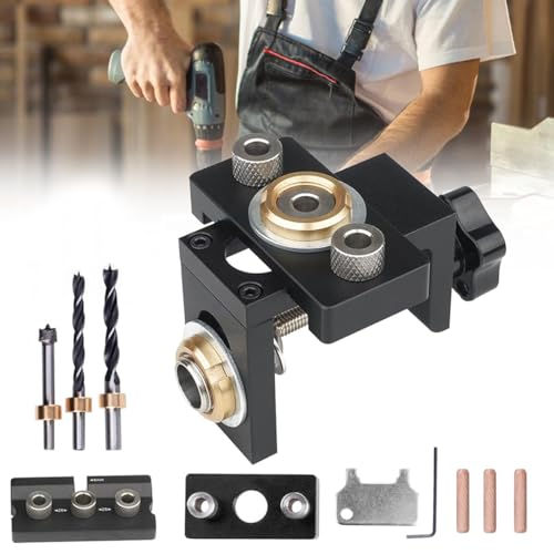 Image of Serplex 3-in-1 Woodworking Dowel Drilling Guide Set Adjustable Pocket Hole Jig Kit with 8mm /10mm /15mm Drill Bits Precise Locator Puncher Tool for Furniture Assembly DIY & Professional Use