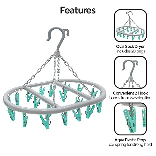 pegs it Oval Sock Dryer with 20 Pcs Clothes Pegs Sock Hanger for Washing Line Quick and Efficient Drying Sock Dryer with pegs Lightweight & Rust-Proof | Aqua Blue & Grey - Image 4