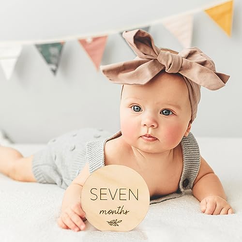 Beautiful Baby Monthly Milestone Cards - The Perfect Wooden Discs for Adorable Milestone Pictures of Your Newborn Boy/Girl - 7 Reversible Circles incl. Announcement & Hello World Sign Are A Great Gift