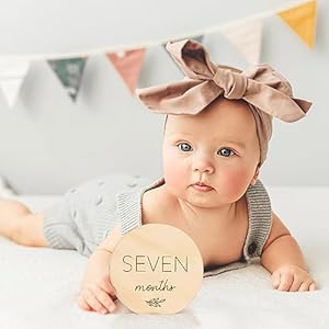 Beautiful Baby Monthly Milestone Cards - The Perfect Wooden Discs for Adorable Milestone Pictures of Your Newborn Boy/Girl - 7 Reversible Circles incl. Announcement & Hello World Sign Are A Great Gift Beautiful Baby Monthly Milestone Cards The Perfect Wooden Discs for Adorable Milestone Pictures of Your Newborn BoyGirl 7 Reversible Circles incl Announcement Hello World Sign Are A Great Gift