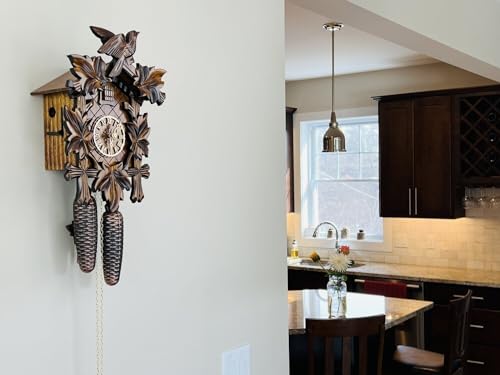 River City Clocks Traditional German Cuckoo Clock with Five Hand-Carved Maple Leaves and One Bird, 14-Inch Tall
