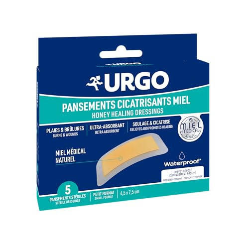 Urgo - Apósitos Cicatrizantes con Miel - Quemaduras y Heridas Superficiales - talla única, Caja con 5 Apósitos Estériles