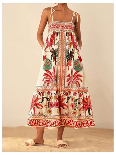 Image of WDIRARA Women's Boho Floral Sleeveless Ruffle Maxi Dress Tropical Graphic Tie Shoulder Smocked Cami Dresses