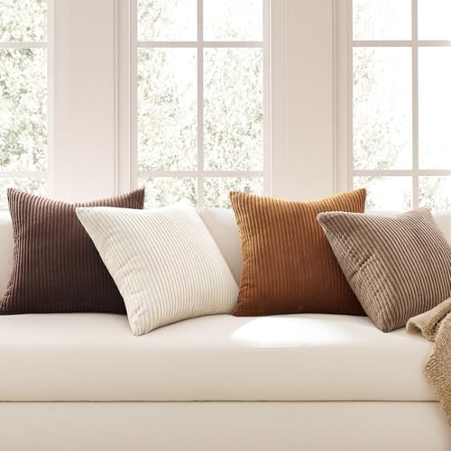 Image of Topfinel Gold Brown Throw Pillow Covers Rustic Modern Soft Corduroy Striped Decorative Cushion Cover 16x16 Inch Gradient Farmhouse Pillow Case Set of 4 for Sofa Couch Living Room Bedroom