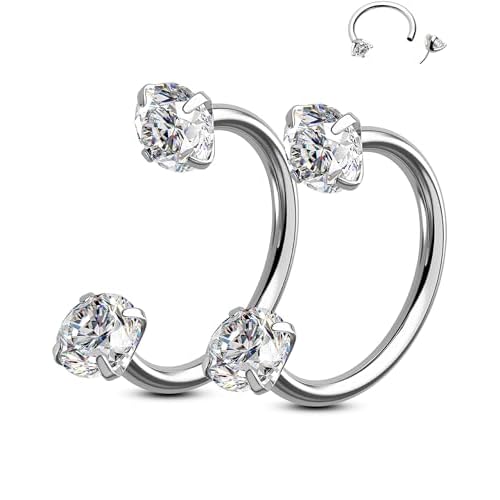 OUFER 2PCS 316L Surgical Steel Horseshoe Nose Rings Hoops, 20G Push Pin Threadless Nose Rings For Women Men, Double Crystal Horseshoe Septum Lip Eyebrow Helix Daith Ear Piercing Jewelry-7mm