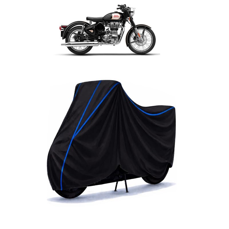 Image of Classic 500 Tribute Black Limited Edition Bike Cover Water Resistant Universal Motorcycle Rain | Heavy Duty UV Protection, Dust, Scratch Indoor Outdoor All Weather with Black Blue Piping Elastic