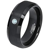 0.07ct Blue Topaz Tungsten Ring - December Birthstone - 8MM Dome Black Ion-Plated Flat Brushed Finis
