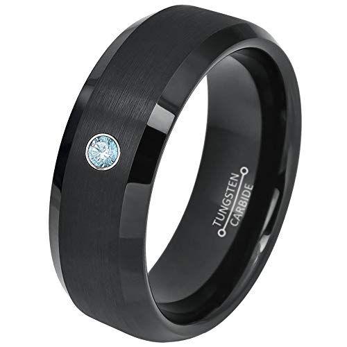 0.07Ct Blue Topaz Tungsten Ring - December Birthstone - 8Mm Dome Black Ion-Plated Flat Brushed Finish Center Beveled Edge Comfort Fit Unisex Wedding Anniversary Band -8 #TOP8
