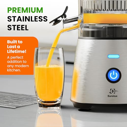 Eurolux Electric Citrus Juicer Stainless Steel | Premium Hands-Free One-Touch Orange Juice Squeezer for Oranges, Lemons, and Limes | Quiet Operation, Easy to Clean, Countertop Small Kitchen Appliance