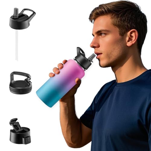 GARUET 950 ml Dreifach isolierte Wasserflasche mit Strohhalm - Edelstahl Metallflasche mit 3 auslaufsicheren Deckeln - Für Reisen, Schule, Sport, Fitness/Männer, Frauen & Kinder (Pacific Blue Rose