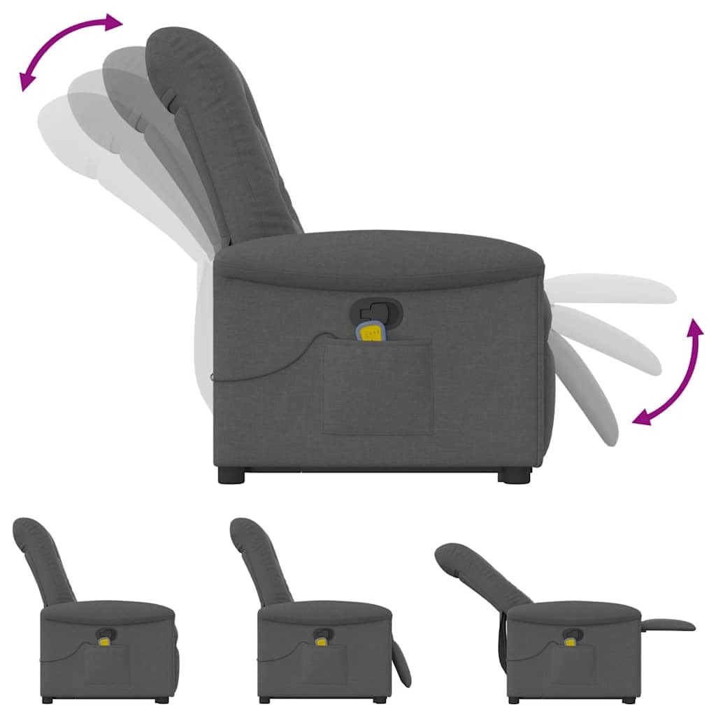 vidaXL Poltrona Alzapersona Massaggi Reclinabile Grigio Scuro Tessuto, Poltrona reclinabile rialzata, Sedia reclinabile per Anziani, Sedia alzabile elettrica