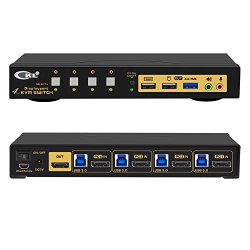 CKL 4 Port USB 3.0 KVM Switch DisplayPort 1.4 8K@30Hz 4K@144Hz, Keyboard Video Mouse Peripherals Switcher for 4 Computers 1 Monitor (64DP-4)