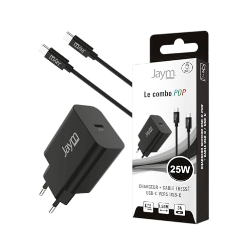 JAYM® Pop - Pack Chargeur Secteur USB-C 25W PD + Câble Tressé USB-C 1,5m (60W) – Recharge Rapide pour Samsung Galaxy S26/S25/S24, iPhone 17/16/15, Pixel...
