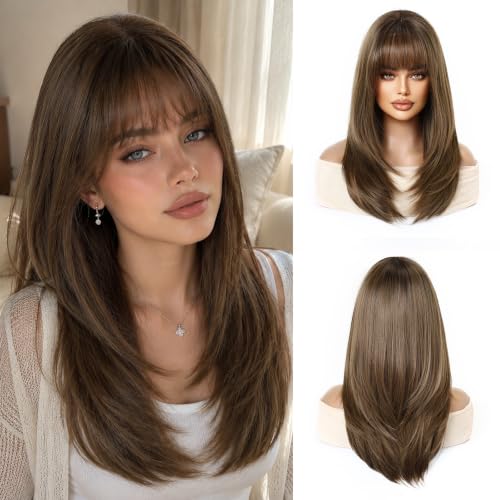 Esmee Long Straight Brown Wigs for Women with Fringe Natural Synthetic Hair Ombre Wig for Daily & Party Use