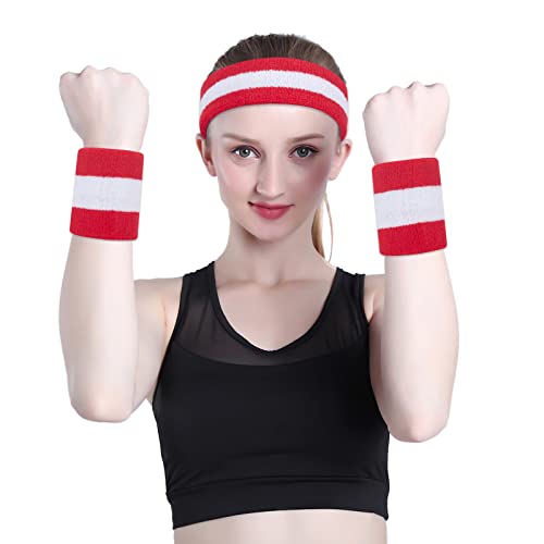 Image of ONUPGO Sweatband Set Sports Headband Wrist Striped Sweatbands Terry Cloth Wristband Athletic Exercise Basketball Wrist Sweatband and Headbands Moisture Wicking Sweat Absorbing Head Band