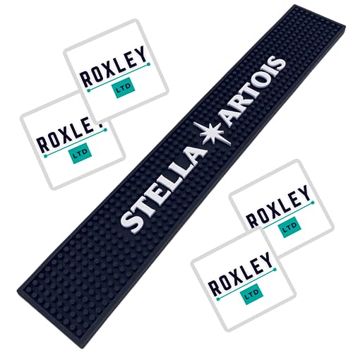 Roxley Stella Artois - Camino de goma para bar | Cerveza Lager | Cueva de hombre | Fabricado en Reino Unido también viene con 4 alfombrillas de cerveza