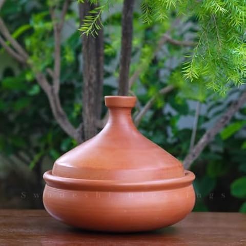 Swadeshi Blessings Unglazed Clay Tajine Pot for Cooking with Lid/LEAD-FREE Earthen Tajine/Clay Tagine Cookware for baking +FREE ASH For Cleaning Cover
