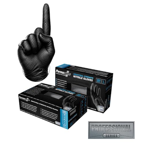 Image of PermaSafe Black Nitrile Gloves | Heavy Duty 6+ Mil Industrial Grade Protection | Powder and Latex-Free Nitrile Disposable Gloves with Raised Textured Grip | Ideal for Mechanics, Construction & More