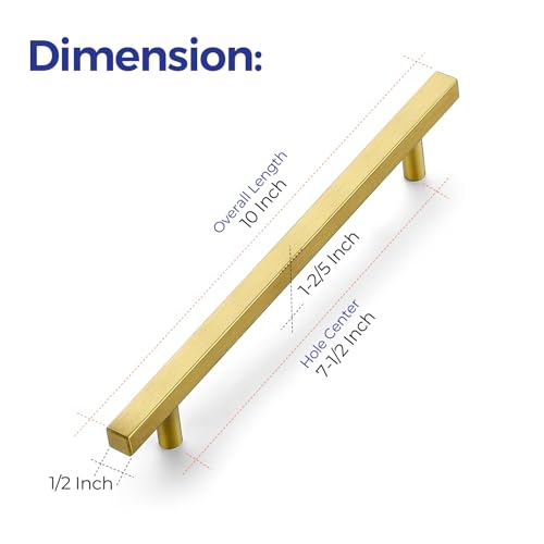 Image of Ravinte 10 Pack 10 inch Square Cabinet Pulls Brushed Brass Stainless Steel Kitchen Cupboard Dresser Handles Cabinet Handles 10 inch Length, 7-1 /2 inch Hole Center