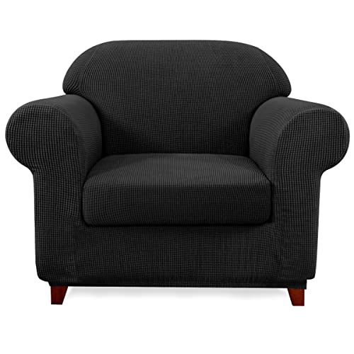 SUBRTEX Stretch Armchair Sofa Slipcover 2 Piece Sofa Cover 1 Seater Soft Couch Slipcover Washable Furniture Covers, Jacquard Fabric Small Checks(Black,Armchair)
