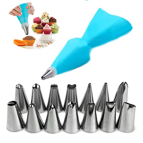 Sacchetti per pasticceria in silicone Ugelli per tubazioni Strumenti per decorare torte alla crema Sacchetti per pasticceria + 24 Set di ugelli Punte riutilizzabili Cucina-E16-16 pezzi-blu