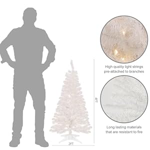 Juegoal 4 FT Pre lit Artificial Christmas Tree Lighted Tinsel Pine Trees with 70 Warm White Lights 8 Mode Timer for Xmas Home Party Decor White