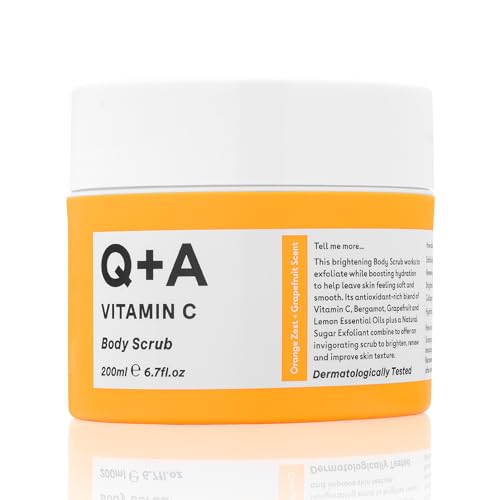 Q+A Exfoliante corporal de vitamina C (200 ml), exfoliante corporal, exfoliante de azúcar iluminador e hidratante con aceites esenciales cítricos, vitamina C y aceite de onagra