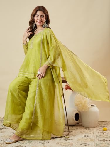 Image of MOKOSH Women's Silk Embroidery Peplum Kurta Sharara with Dupatta | Anarkali Kurta Set | Sweetheart Neck Full Sleeve Ethnic Suit | 3 Piece Outfit | Indian Kurta Outfit With Sharara
