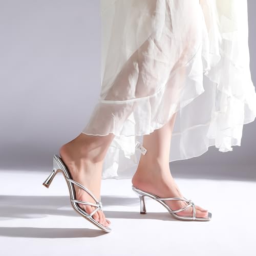 Image of Goderci Kitten Strappy Heels for Women Knotted Square Open Toe Slip On Mule Heels Mid Heeled Sandals