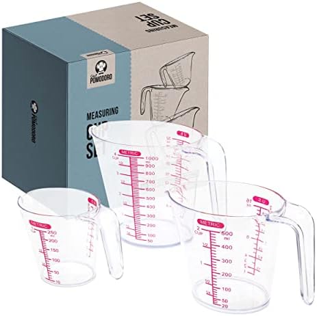 Chef Pomodoro 3-Piece Measuring Cups, Multiple Measurement Scales - includes 1, 2 and 4 Cup with Ml and Oz Measurement, BPA-Free, Plastic Measuring Cup Set, Stackable Nesting, Red Measurements