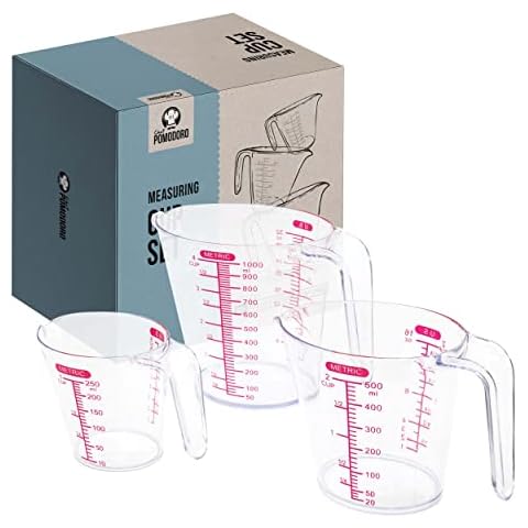 Chef Pomodoro Measuring Cups Plastic, 1L / 500mL / 250 mL, BPA-Free, Measuring Cup Set 3-Piece for Kitchen, Baking & Cooking, Stackable Nesting, Red Measurements Cover