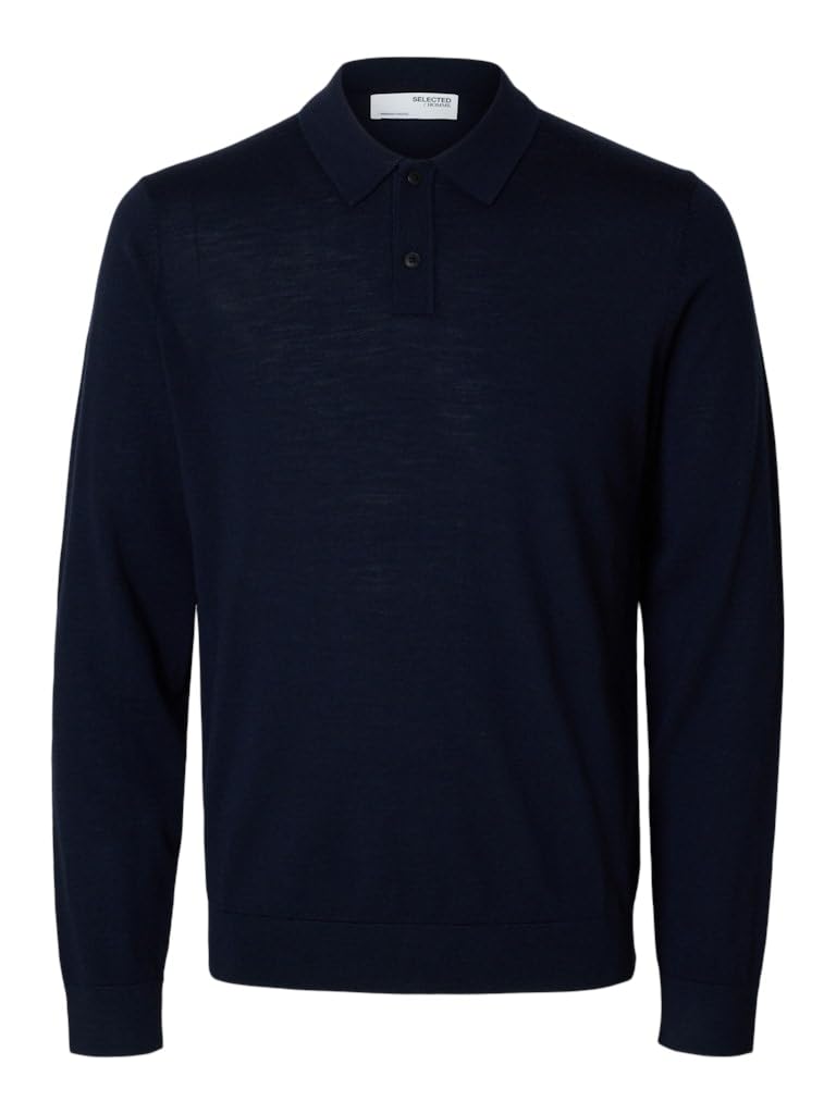SELECTED HOMME Men's Slhtray LS Knit Merino Polo Noos Pullover, Blazer Navy, M