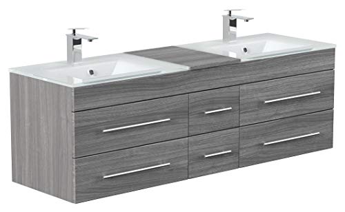 Meuble Salle de Bain Vitro XL Double Vasque en Verre en décor chêne argenté