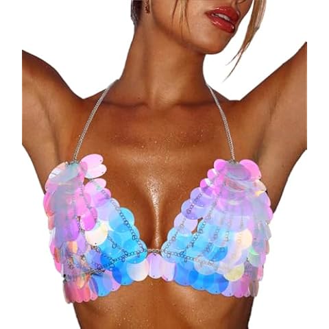 Reetan Sparkle Sequin Body Chain Bra Iridescent Metallic Halter Chain Top Silver Rave Outfit for Women Cover